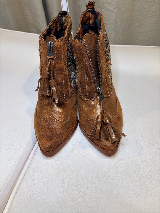 Irregular Choice Shoes - Irregular Choice Brown Suede Tassel Ankle Booties with Tweed Panels